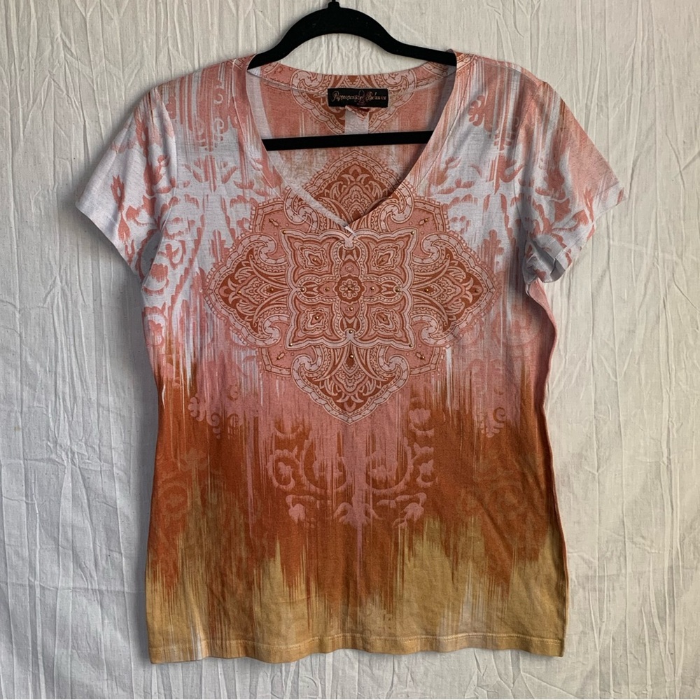 Appropriate Behavior Warm Toned V-Neck Womens Bejeweled Short Sleeve Shirt Sz M
